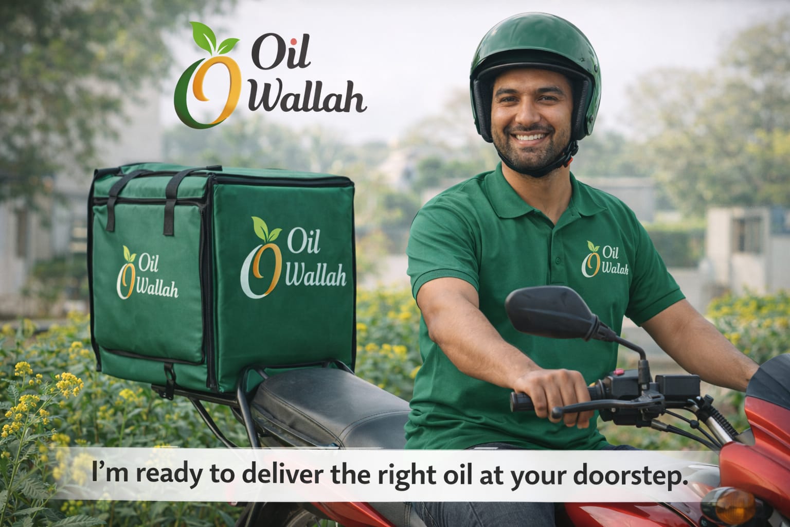 Oil Wallah delivery rider ready to deliver oil at your doorstep