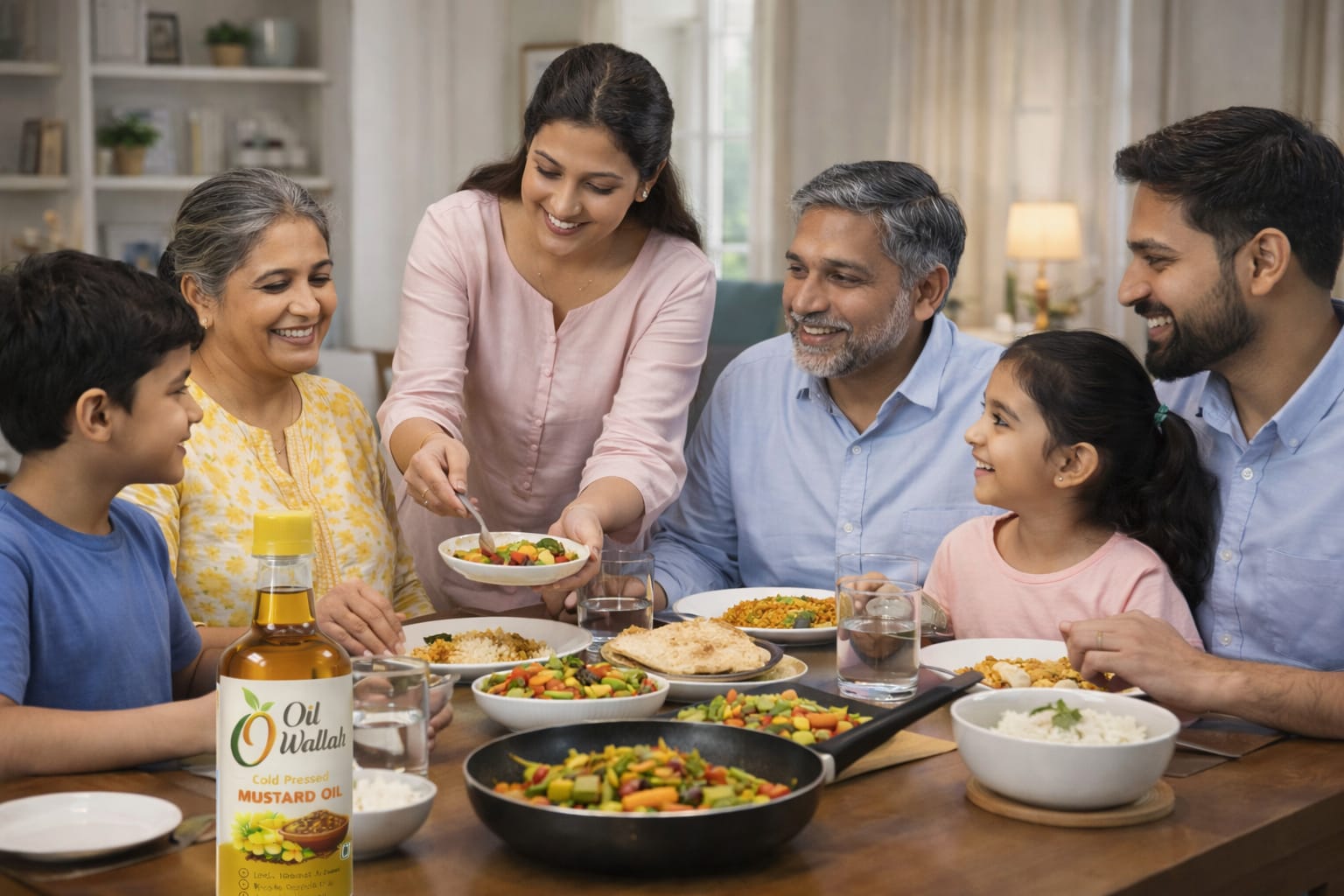 Indian family eating a meal cooked with Oil Wallah mustard oil