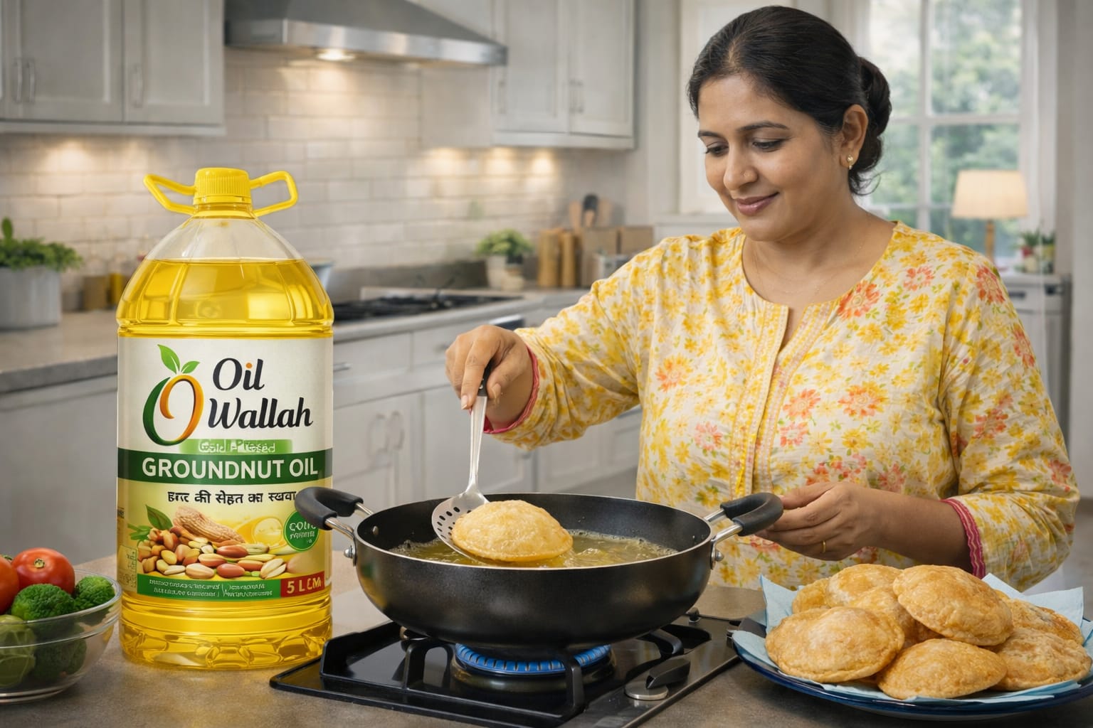 Homemaker frying pooris with Oil Wallah groundnut oil