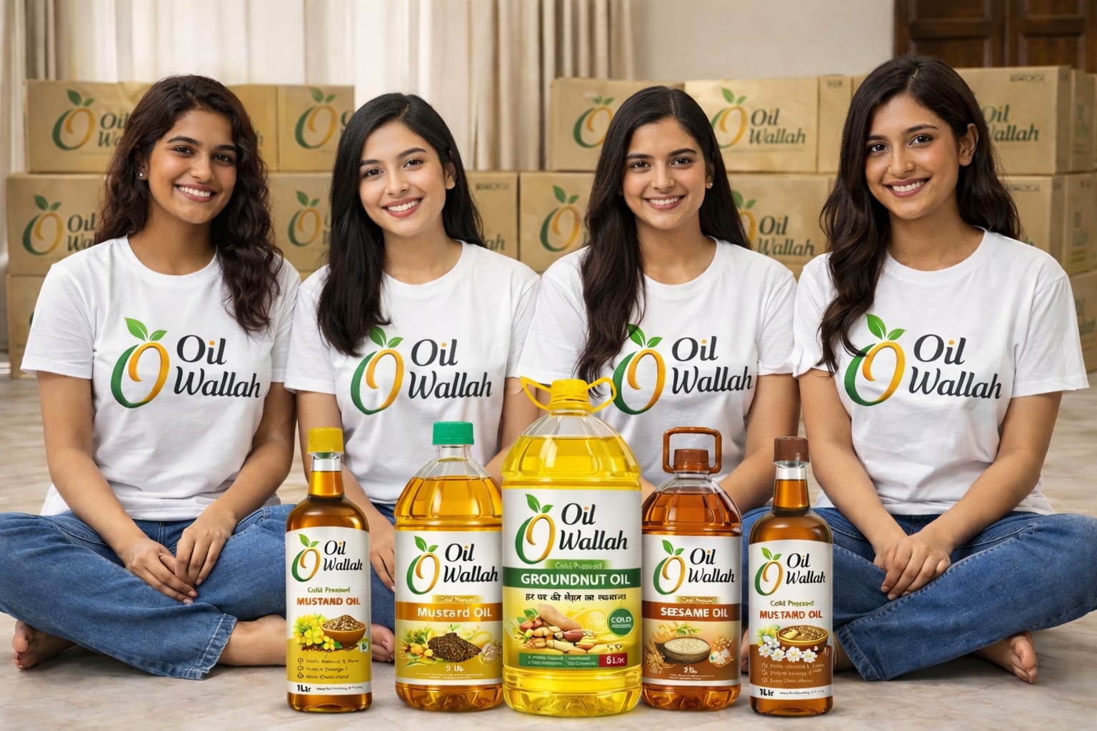 Oil Wallah team with the full range of cold pressed oil bottles